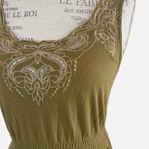 Boho Olive Green Embroidered Mini Dress - Sleeveless, Smocked Waist- M - Picture 3 of 11